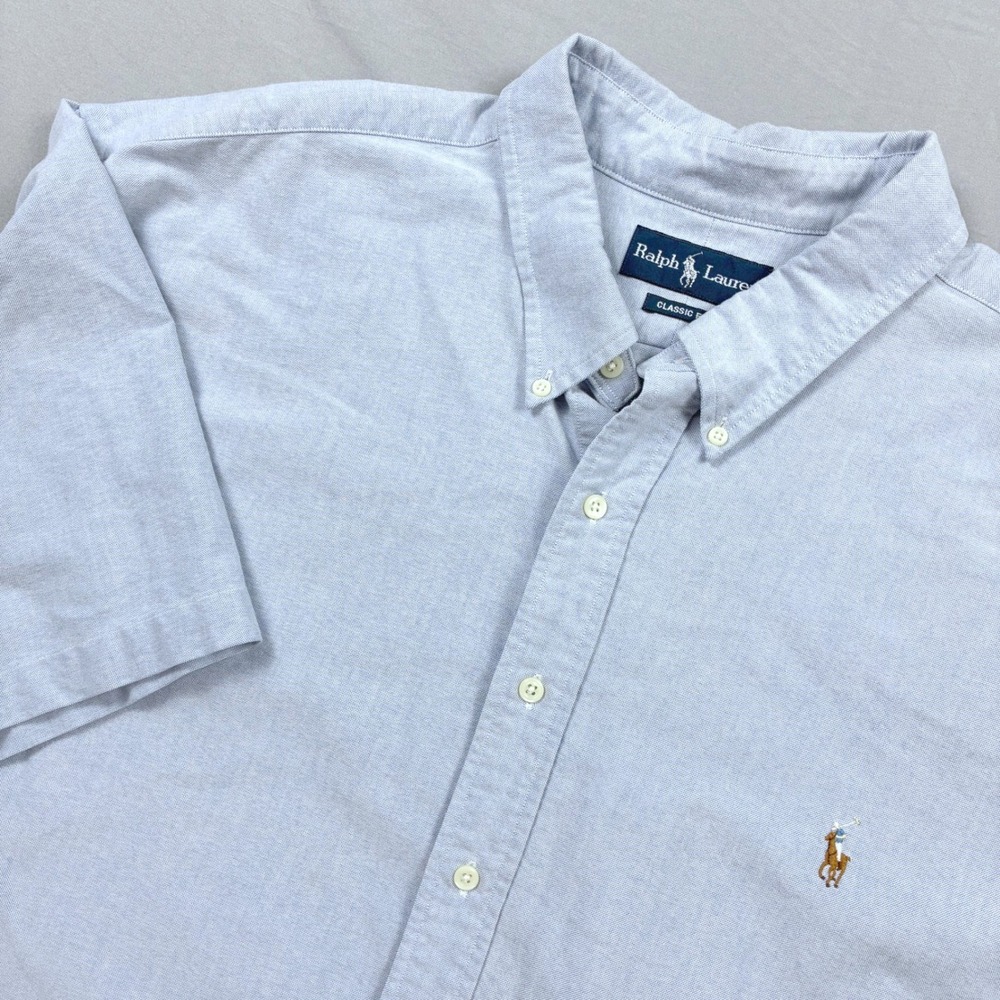 Ralph Lauren Button Down Shirt 3XL Blue OCBD Short Sleeve Classic Fit Flesh Pony